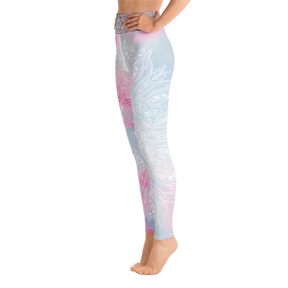 full length leggings pastel background with heart chakra mandala design on front and back by goddess swag
