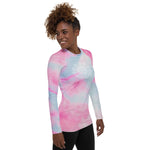 Load image into Gallery viewer, long sleeve rash guard  UPF 50 sun protection.  Design is white mandala on the front chest and white heart chakra mandala on the back. The background is a soft pastel of pink and blue by goddess swag.
