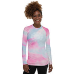 Load image into Gallery viewer, long sleeve rash guard  UPF 50 sun protection.  Design is white mandala on the front chest and white heart chakra mandala on the back. The background is a soft pastel of pink and blue by goddess swag.
