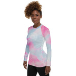 Load image into Gallery viewer, long sleeve rash guard  UPF 50 sun protection.  Design is white mandala on the front chest and white heart chakra mandala on the back. The background is a soft pastel of pink and blue by goddess swag.
