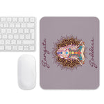 Load image into Gallery viewer, Mouse pad with Gangsta Goddess written in a deep purple and a design image of a goddess sitting in lotus yoga position with a mandala behind her and all 7 chakra colors from root to crown.  The background is a mauve gray solid color.  Size: 8.7″ × 7.1″ × 0.12″ 

