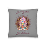 Load image into Gallery viewer, gangsta goddess 18x18 throw pillow by goddess swag. double sided with blue color background. Image is a design of a goddess in yoga lotus position, mandala behind her, 7 chakras up her center. Gangsta is written above image and goddess is written below image.
