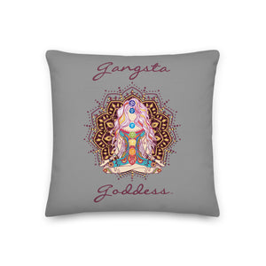 gangsta goddess 18x18 throw pillow by goddess swag. double sided with blue color background. Image is a design of a goddess in yoga lotus position, mandala behind her, 7 chakras up her center. Gangsta is written above image and goddess is written below image.