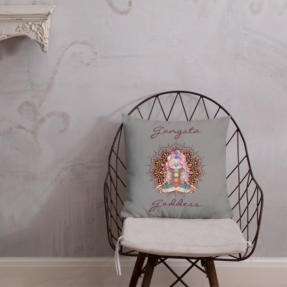 gangsta goddess 18x18 throw pillow by goddess swag. double sided with blue color background. Image is a design of a goddess in yoga lotus position, mandala behind her, 7 chakras up her center. Gangsta is written above image and goddess is written below image.