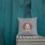 Load image into Gallery viewer, gangsta goddess 18x18 throw pillow by goddess swag. double sided with blue color background. Image is a design of a goddess in yoga lotus position, mandala behind her, 7 chakras up her center. Gangsta is written above image and goddess is written below image.

