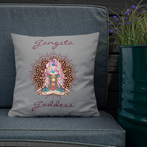 gangsta goddess 18x18 throw pillow by goddess swag. double sided with blue color background. Image is a design of a goddess in yoga lotus position, mandala behind her, 7 chakras up her center. Gangsta is written above image and goddess is written below image.