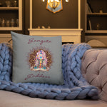 Load image into Gallery viewer, gangsta goddess 18x18 throw pillow by goddess swag. double sided with blue color background. Image is a design of a goddess in yoga lotus position, mandala behind her, 7 chakras up her center. Gangsta is written above image and goddess is written below image.
