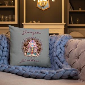 gangsta goddess 18x18 throw pillow by goddess swag. double sided with blue color background. Image is a design of a goddess in yoga lotus position, mandala behind her, 7 chakras up her center. Gangsta is written above image and goddess is written below image.