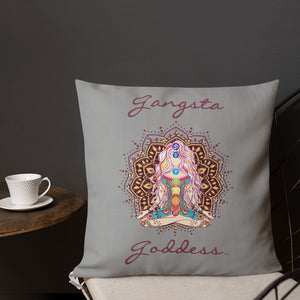 gangsta goddess 18x18 throw pillow by goddess swag. double sided with blue color background. Image is a design of a goddess in yoga lotus position, mandala behind her, 7 chakras up her center. Gangsta is written above image and goddess is written below image.