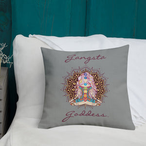 gangsta goddess 18x18 throw pillow by goddess swag. double sided with blue color background. Image is a design of a goddess in yoga lotus position, mandala behind her, 7 chakras up her center. Gangsta is written above image and goddess is written below image.
