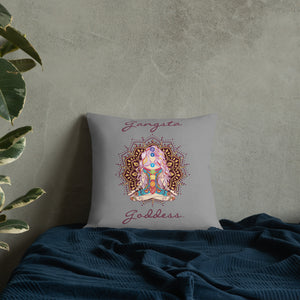 gangsta goddess 18x18 throw pillow by goddess swag. double sided with blue color background. Image is a design of a goddess in yoga lotus position, mandala behind her, 7 chakras up her center. Gangsta is written above image and goddess is written below image.