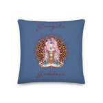 Load image into Gallery viewer, gangsta goddess 18x18 throw pillow by goddess swag. double sided with blue color background. Image is a design of a goddess in yoga lotus position, mandala behind her, 7 chakras up her center. Gangsta is written above image and goddess is written below image.
