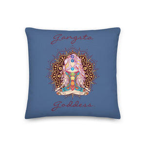 gangsta goddess 18x18 throw pillow by goddess swag. double sided with blue color background. Image is a design of a goddess in yoga lotus position, mandala behind her, 7 chakras up her center. Gangsta is written above image and goddess is written below image.
