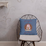 Load image into Gallery viewer, gangsta goddess 18x18 throw pillow by goddess swag. double sided with blue color background. Image is a design of a goddess in yoga lotus position, mandala behind her, 7 chakras up her center. Gangsta is written above image and goddess is written below image.
