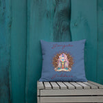 Load image into Gallery viewer, gangsta goddess 18x18 throw pillow by goddess swag. double sided with blue color background. Image is a design of a goddess in yoga lotus position, mandala behind her, 7 chakras up her center. Gangsta is written above image and goddess is written below image.
