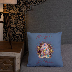 gangsta goddess 18x18 throw pillow by goddess swag. double sided with blue color background. Image is a design of a goddess in yoga lotus position, mandala behind her, 7 chakras up her center. Gangsta is written above image and goddess is written below image.