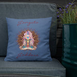 Load image into Gallery viewer, gangsta goddess 18x18 throw pillow by goddess swag. double sided with blue color background. Image is a design of a goddess in yoga lotus position, mandala behind her, 7 chakras up her center. Gangsta is written above image and goddess is written below image.
