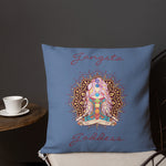 Load image into Gallery viewer, gangsta goddess 18x18 throw pillow by goddess swag. double sided with blue color background. Image is a design of a goddess in yoga lotus position, mandala behind her, 7 chakras up her center. Gangsta is written above image and goddess is written below image.
