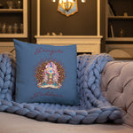 Load image into Gallery viewer, gangsta goddess 18x18 throw pillow by goddess swag. double sided with blue color background. Image is a design of a goddess in yoga lotus position, mandala behind her, 7 chakras up her center. Gangsta is written above image and goddess is written below image.
