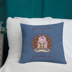 Load image into Gallery viewer, gangsta goddess 18x18 throw pillow by goddess swag. double sided with blue color background. Image is a design of a goddess in yoga lotus position, mandala behind her, 7 chakras up her center. Gangsta is written above image and goddess is written below image.
