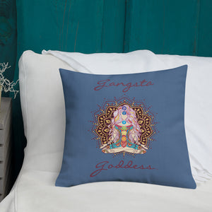gangsta goddess 18x18 throw pillow by goddess swag. double sided with blue color background. Image is a design of a goddess in yoga lotus position, mandala behind her, 7 chakras up her center. Gangsta is written above image and goddess is written below image.