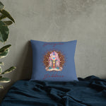 Load image into Gallery viewer, gangsta goddess 18x18 throw pillow by goddess swag. double sided with blue color background. Image is a design of a goddess in yoga lotus position, mandala behind her, 7 chakras up her center. Gangsta is written above image and goddess is written below image.
