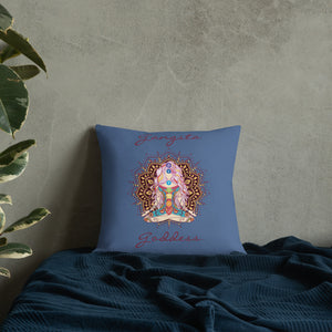 gangsta goddess 18x18 throw pillow by goddess swag. double sided with blue color background. Image is a design of a goddess in yoga lotus position, mandala behind her, 7 chakras up her center. Gangsta is written above image and goddess is written below image.