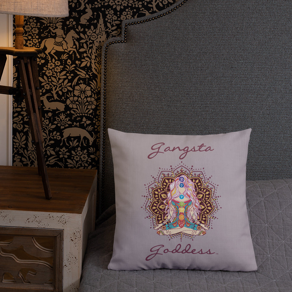 gangsta goddess 18x18 throw pillow by goddess swag. double sided with lily color background. Image is a design of a goddess in yoga lotus position, mandala behind her, 7 chakras up her center. Gangsta is written above image and goddess is written below image.
