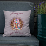 Load image into Gallery viewer, gangsta goddess 18x18 throw pillow by goddess swag. double sided with lily color background. Image is a design of a goddess in yoga lotus position, mandala behind her, 7 chakras up her center. Gangsta is written above image and goddess is written below image.
