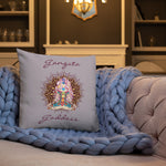 Load image into Gallery viewer, gangsta goddess 18x18 throw pillow by goddess swag. double sided with lily color background. Image is a design of a goddess in yoga lotus position, mandala behind her, 7 chakras up her center. Gangsta is written above image and goddess is written below image.
