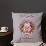 Load image into Gallery viewer, gangsta goddess 18x18 throw pillow by goddess swag. double sided with lily color background. Image is a design of a goddess in yoga lotus position, mandala behind her, 7 chakras up her center. Gangsta is written above image and goddess is written below image.
