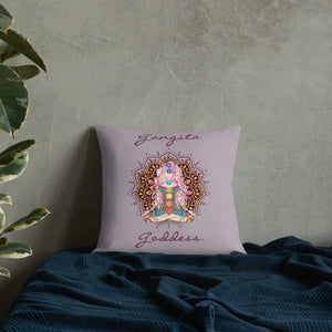 gangsta goddess 18x18 throw pillow by goddess swag. double sided with lily color background. Image is a design of a goddess in yoga lotus position, mandala behind her, 7 chakras up her center. Gangsta is written above image and goddess is written below image.