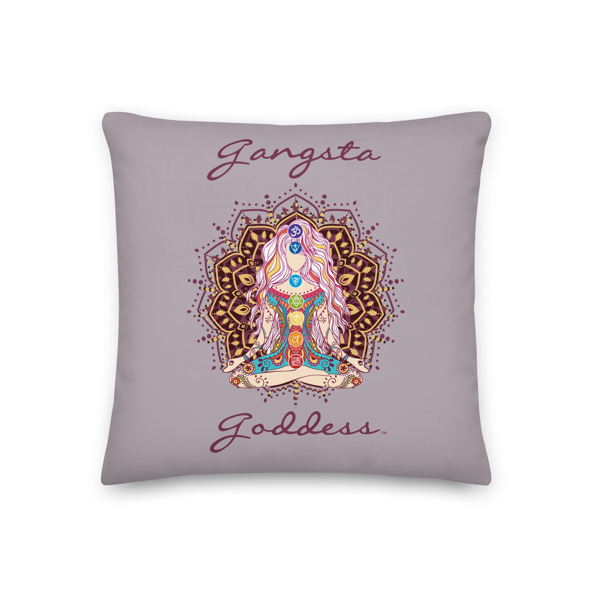 gangsta goddess 18x18 throw pillow by goddess swag.  double sided with lily color background. Image is a design of a goddess in yoga lotus position, mandala behind her, 7 chakras up her center. Gangsta is written above image and goddess is written below image. 