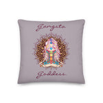 Load image into Gallery viewer, gangsta goddess 18x18 throw pillow by goddess swag.  double sided with lily color background. Image is a design of a goddess in yoga lotus position, mandala behind her, 7 chakras up her center. Gangsta is written above image and goddess is written below image. 
