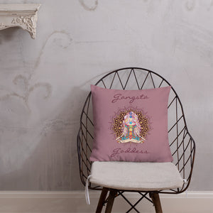 gangsta goddess 18x18 throw pillow by goddess swag.  double sided with rose color background. Image is a design of a goddess in yoga lotus position, mandala behind her, 7 chakras up her center. Gangsta is written above image and goddess is written below image. 