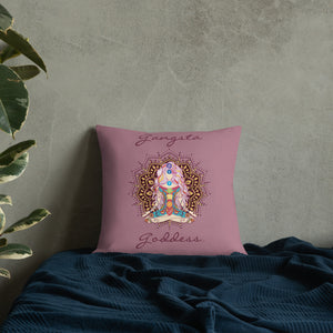 gangsta goddess 18x18 throw pillow by goddess swag.  double sided with rose color background. Image is a design of a goddess in yoga lotus position, mandala behind her, 7 chakras up her center. Gangsta is written above image and goddess is written below image. 