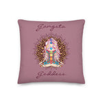 Load image into Gallery viewer, gangsta goddess 18x18 throw pillow by goddess swag.  double sided with rose color background. Image is a design of a goddess in yoga lotus position, mandala behind her, 7 chakras up her center. Gangsta is written above image and goddess is written below image. 
