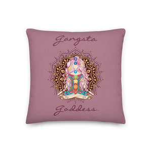 gangsta goddess 18x18 throw pillow by goddess swag.  double sided with rose color background. Image is a design of a goddess in yoga lotus position, mandala behind her, 7 chakras up her center. Gangsta is written above image and goddess is written below image. 