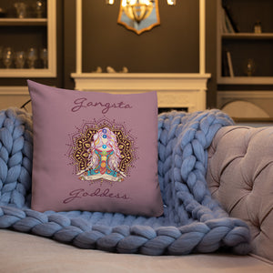 gangsta goddess 18x18 throw pillow by goddess swag.  double sided with rose color background. Image is a design of a goddess in yoga lotus position, mandala behind her, 7 chakras up her center. Gangsta is written above image and goddess is written below image. 