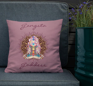 gangsta goddess 18x18 throw pillow by goddess swag.  double sided with rose color background. Image is a design of a goddess in yoga lotus position, mandala behind her, 7 chakras up her center. Gangsta is written above image and goddess is written below image. 