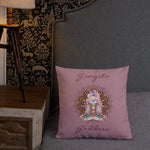 Load image into Gallery viewer, gangsta goddess 18x18 throw pillow by goddess swag.  double sided with rose color background. Image is a design of a goddess in yoga lotus position, mandala behind her, 7 chakras up her center. Gangsta is written above image and goddess is written below image. 
