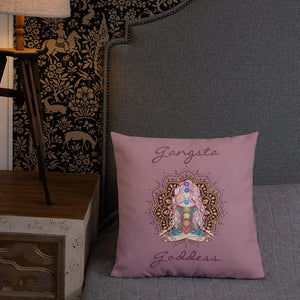 gangsta goddess 18x18 throw pillow by goddess swag.  double sided with rose color background. Image is a design of a goddess in yoga lotus position, mandala behind her, 7 chakras up her center. Gangsta is written above image and goddess is written below image. 