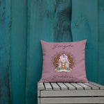 Load image into Gallery viewer, gangsta goddess 18x18 throw pillow by goddess swag.  double sided with rose color background. Image is a design of a goddess in yoga lotus position, mandala behind her, 7 chakras up her center. Gangsta is written above image and goddess is written below image. 
