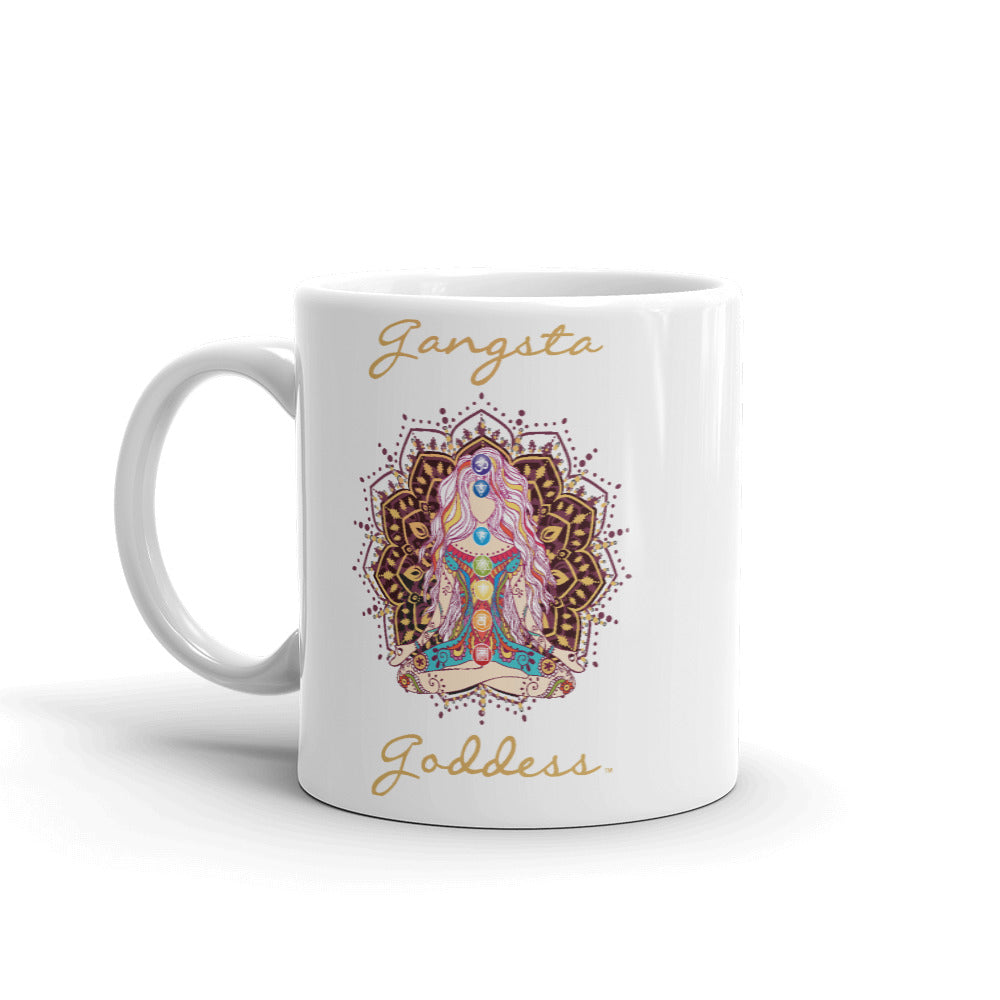 Gangsta Goddess™ ceramic coffee mug 11oz with mandala and chakra design by goddess swag.  Gangsta Goddess is written in gold color.