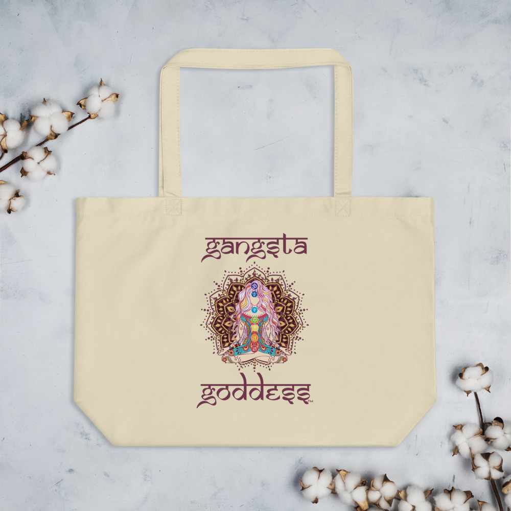 Gangsta Goddess™  in Sanskrit style writing, Large Eco Tote Bag Organic Cotton Oyster Color with Mandala and Chakra Design by Goddess Swag™. Gangsta Goddess is written in deep purple color.