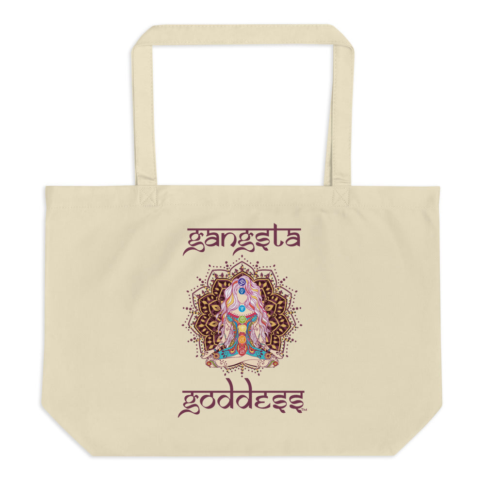 Gangsta Goddess™  in Sanskrit style writing, Large Eco Tote Bag Organic Cotton Oyster Color with Mandala and Chakra Design by Goddess Swag™. Gangsta Goddess is written in deep purple color.