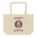 Load image into Gallery viewer, Gangsta Goddess™  in Sanskrit style writing, Large Eco Tote Bag Organic Cotton Oyster Color with Mandala and Chakra Design by Goddess Swag™. Gangsta Goddess is written in deep purple color.
