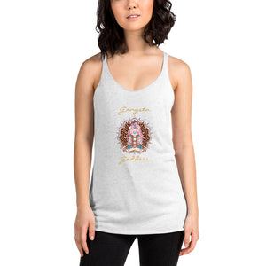Gangsta Goddess The Next Level 6733 racerback tank is soft, lightweight, and form-fitting womens racerback tank top design is a goddess in lotus position with chakras showing and mandala behind her by Goddess swag
