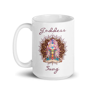 Goddess Swag™ ceramic coffee mug with its beautiful chakra and mandala design. Goddess is in lotus position with all 7 chakras ~ root to crown, and a decorative mandala behind her