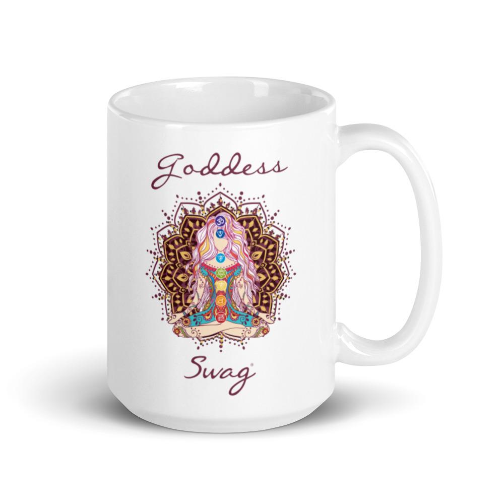 Goddess Swag™ ceramic coffee mug with its beautiful chakra and mandala design. Goddess is in lotus position with all 7 chakras ~ root to crown, and a decorative mandala behind her